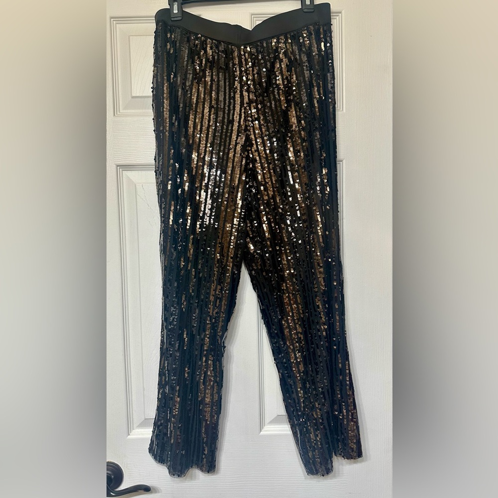 Bob Mackie Wearable Art Sequin Stripe Pull On Pants - Black & Bronze Size MP